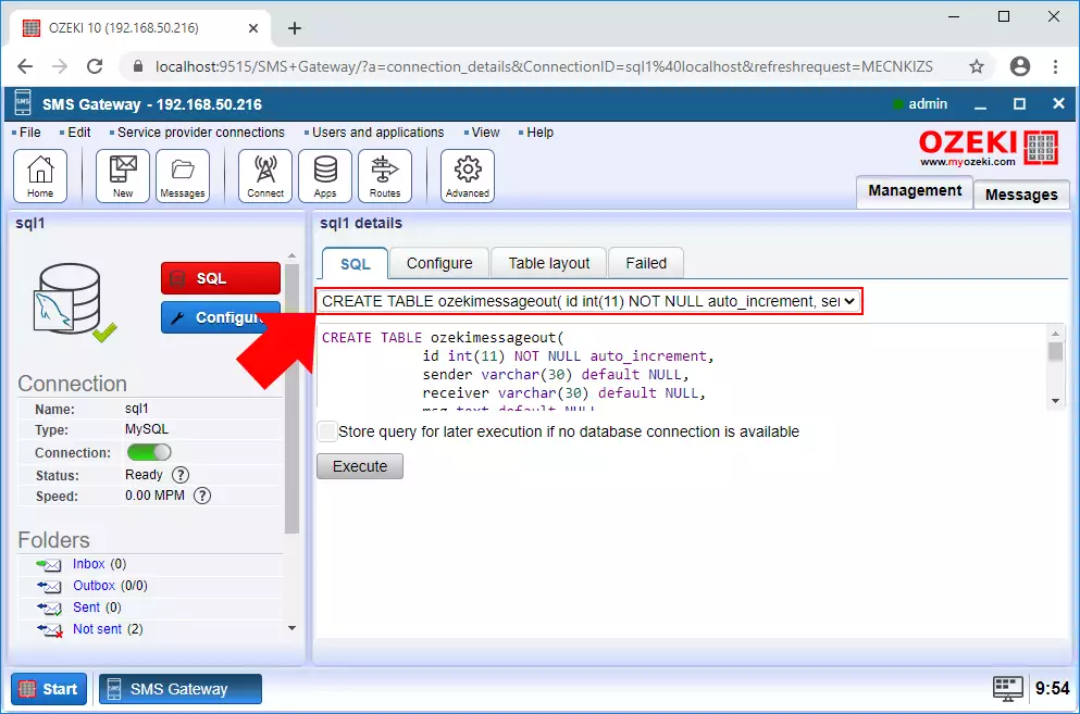 تنفيذ الأمر sql لإنشاء جدول