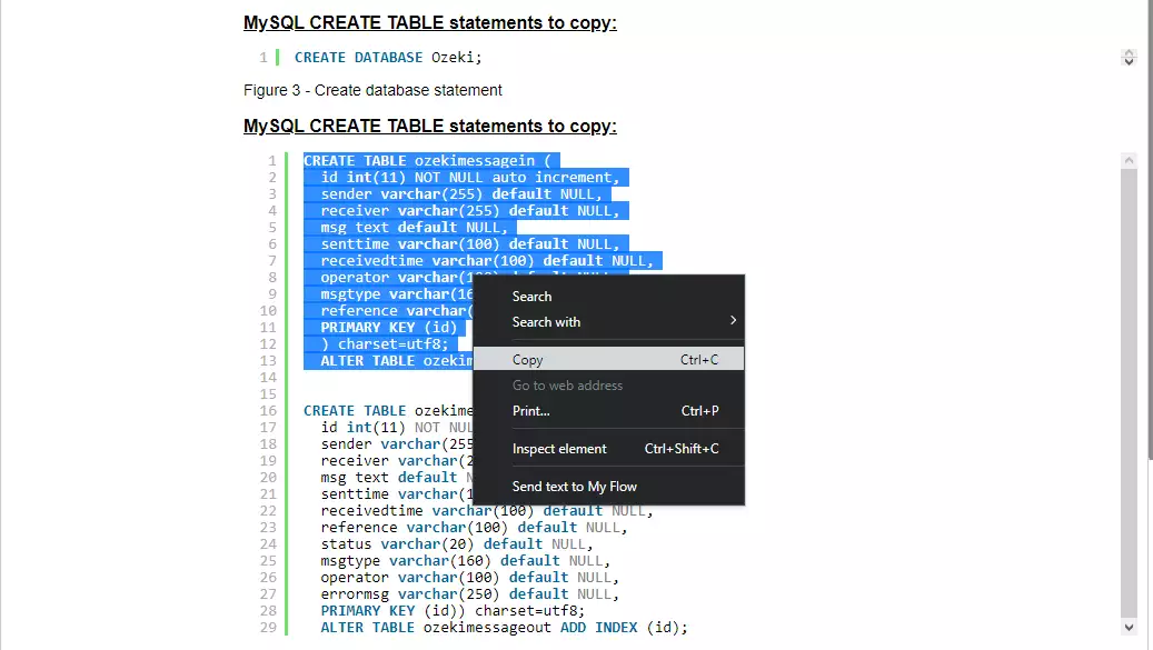 copy ozekimessagein create table statement